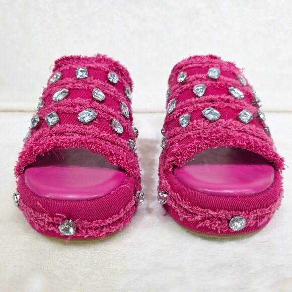 Hipster Denim Distressed Frayed Trim Rhinestone 2" Flatform Sandals Hot Pink - Picture 9 of 10